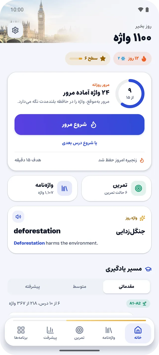 صفحه‌ی خانه با ۲۴ واژه‌ی آماده‌ی مرور، زنجیره‌ی ۱۲ روزه، واژه‌ی روز deforestation و مسیر یادگیری سه‌سطحی